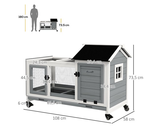 Conforama PawHut Conejera De Madera Con Ruedas Jaula Para Conejos Con Techo Abatible Y Bandeja Extraíble Conejera Para Interior Y Exterior 108x58x73 5 Cm Gris