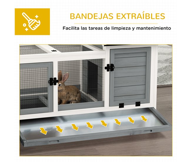 Conforama PawHut Conejera De Madera Con Ruedas Jaula Para Conejos Con Techo Abatible Y Bandeja Extraíble Conejera Para Interior Y Exterior 108x58x73 5 Cm Gris
