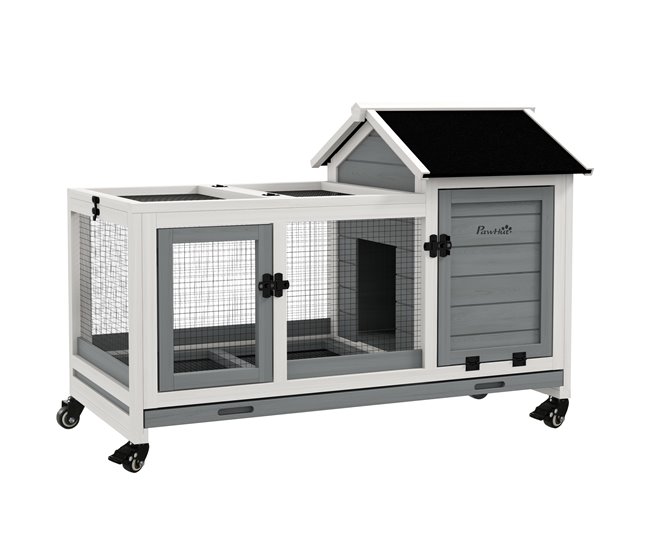 Conforama PawHut Conejera de Madera con Ruedas Jaula para Conejos con Techo Abatible y Bandeja Extraíble Conejera para Interior y Exterior 108x58x73 5 cm Gris