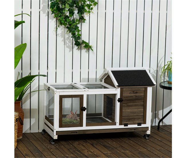 Conforama PawHut Conejera De Madera Con Ruedas Jaula Para Conejos Con Techo Abatible Y Bandeja Extraíble Conejera Para Interior Y Exterior 108x58x73 5 Cm Café