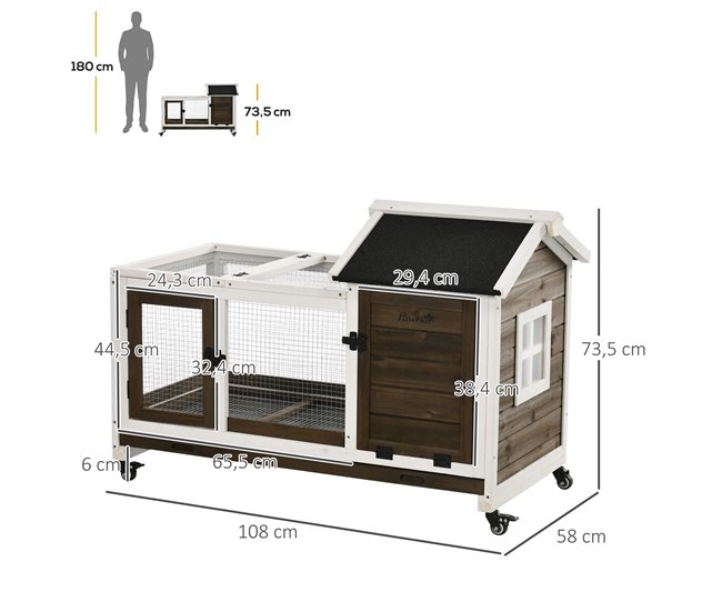 Conforama PawHut Conejera De Madera Con Ruedas Jaula Para Conejos Con Techo Abatible Y Bandeja Extraíble Conejera Para Interior Y Exterior 108x58x73 5 Cm Café