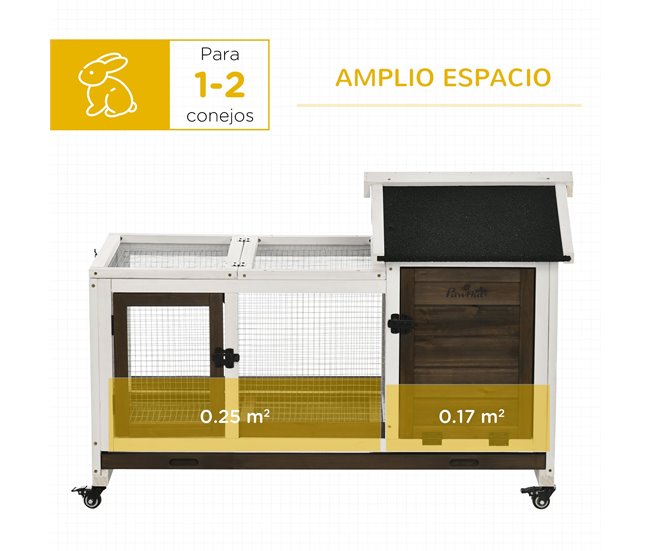 Conforama PawHut Conejera De Madera Con Ruedas Jaula Para Conejos Con Techo Abatible Y Bandeja Extraíble Conejera Para Interior Y Exterior 108x58x73 5 Cm Café