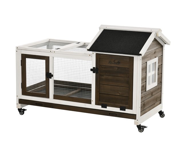 Conforama PawHut Conejera de Madera con Ruedas Jaula para Conejos con Techo Abatible y Bandeja Extraíble Conejera para Interior y Exterior 108x58x73 5 cm Café