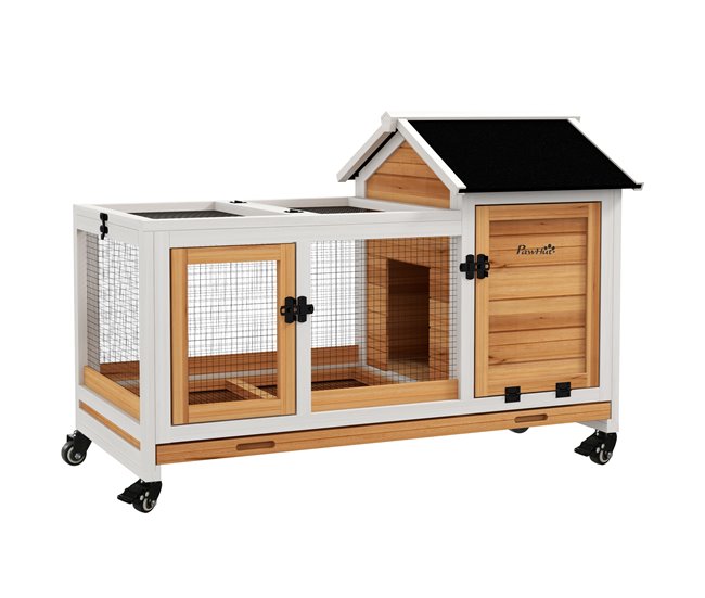 Conforama PawHut Conejera de Madera con Ruedas Jaula para Conejos con Techo Abatible y Bandeja Extraíble Conejera para Interior y Exterior 108x58x73 5 cm Natural