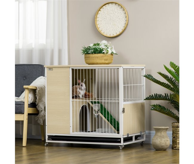Conforama PawHut Conejera De Madera Con Ruedas Mueble Conejera De Interior 78x52 5x76 5 Cm Superficie Mesa Auxiliar Con Techo Abrible Corral Bandeja Extraíble Bebedero Y Rampa Roble