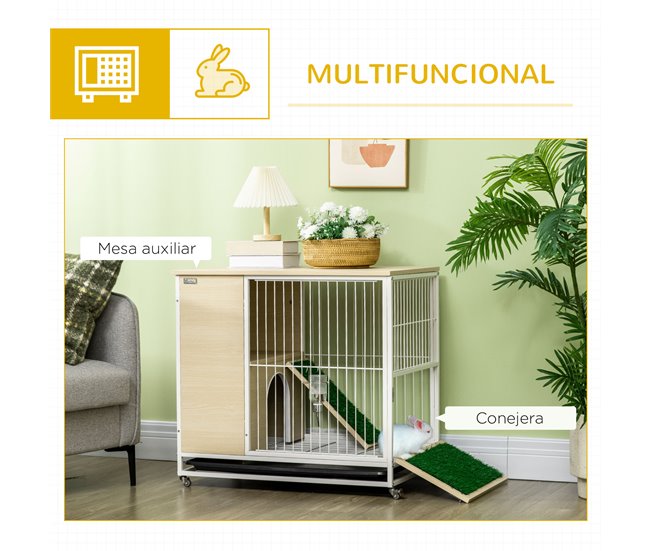 Conforama PawHut Conejera De Madera Con Ruedas Mueble Conejera De Interior 78x52 5x76 5 Cm Superficie Mesa Auxiliar Con Techo Abrible Corral Bandeja Extraíble Bebedero Y Rampa Roble