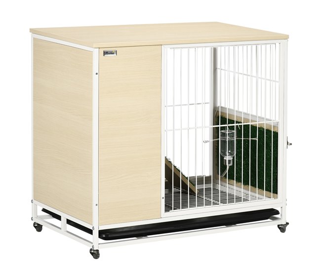 Conforama PawHut Conejera de Madera con Ruedas Mueble Conejera de Interior 78x52 5x76 5 cm Superficie Mesa Auxiliar con Techo Abrible Corral Bandeja Extraíble Bebedero y Rampa Roble