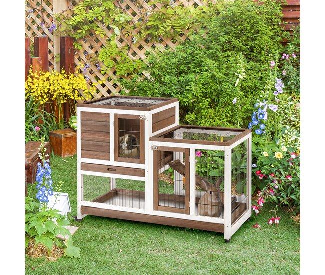 Conforama PawHut Conejera De Madera De 2 Niveles Jaula Para Conejos Con Ruedas Puertas Zona Abierta Rampa Y 2 Bandejas Extraíbles Conejera Para Interior 110x50x88 Cm Marrón