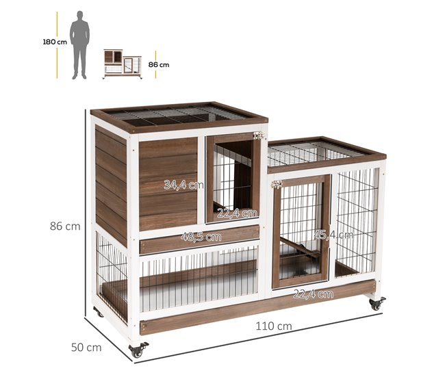 Conforama PawHut Conejera De Madera De 2 Niveles Jaula Para Conejos Con Ruedas Puertas Zona Abierta Rampa Y 2 Bandejas Extraíbles Conejera Para Interior 110x50x88 Cm Marrón