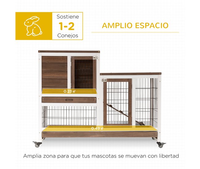 Conforama PawHut Conejera De Madera De 2 Niveles Jaula Para Conejos Con Ruedas Puertas Zona Abierta Rampa Y 2 Bandejas Extraíbles Conejera Para Interior 110x50x88 Cm Marrón