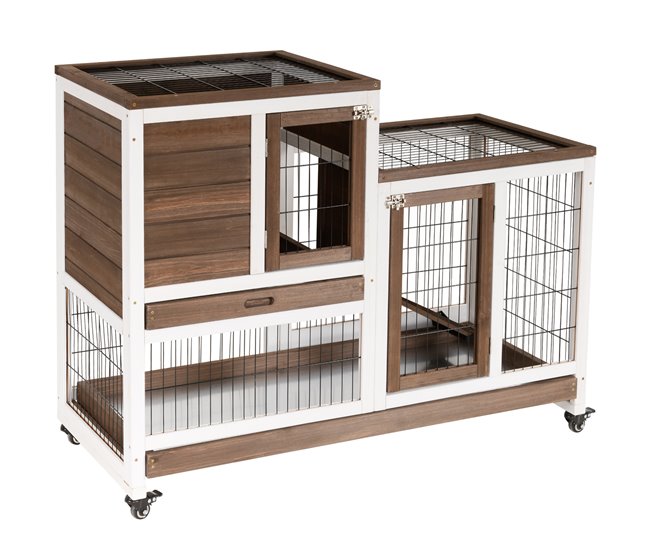 Conforama PawHut Conejera de Madera de 2 Niveles Jaula para Conejos con Ruedas Puertas Zona Abierta Rampa y 2 Bandejas Extraíbles Conejera para Interior 110x50x88 cm Marrón