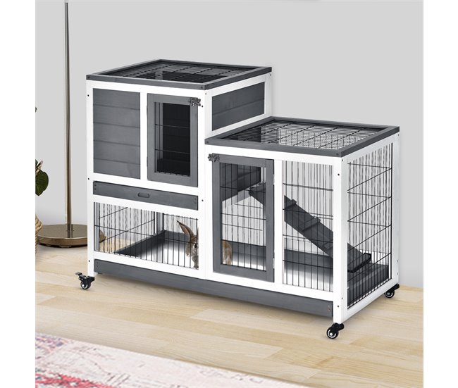 Conforama PawHut Conejera De Madera De 2 Niveles Jaula Para Conejos Con Ruedas Puertas Zona Abierta Rampa Y 2 Bandejas Extraíbles Conejera Para Interior 110x50x88 Cm Gris