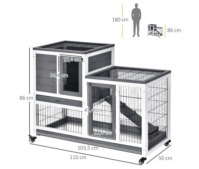 Conforama PawHut Conejera De Madera De 2 Niveles Jaula Para Conejos Con Ruedas Puertas Zona Abierta Rampa Y 2 Bandejas Extraíbles Conejera Para Interior 110x50x88 Cm Gris