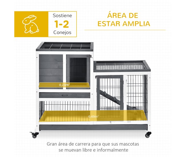 Conforama PawHut Conejera De Madera De 2 Niveles Jaula Para Conejos Con Ruedas Puertas Zona Abierta Rampa Y 2 Bandejas Extraíbles Conejera Para Interior 110x50x88 Cm Gris