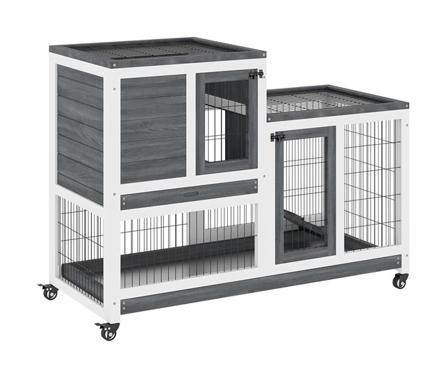 Conforama PawHut Conejera de Madera de 2 Niveles Jaula para Conejos con Ruedas Puertas Zona Abierta Rampa y 2 Bandejas Extraíbles Conejera para Interior 110x50x88 cm Gris