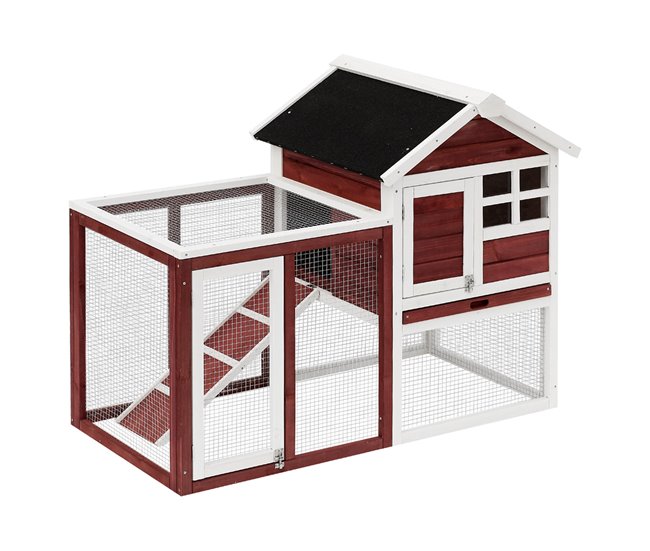 Conforama PawHut Conejera de Madera de 2 Niveles Jaula para Conejos con Zona Abierta Techo Asfáltico Bandeja Extraíble y Rampa Conejera para Exterior 122x62 6x92 cm Marrón