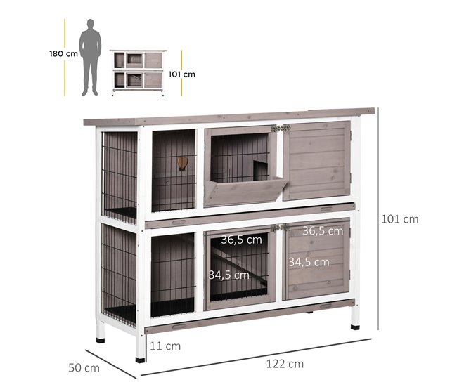 Conforama PawHut Conejera De Madera Exterior De 2 Niveles Jaula Para 1-2 Conejos Con Techo Abrible Comedero Bandejas Extraíbles Rampa Y Puertas Con Cerradura 122x50x101 Cm Marrón