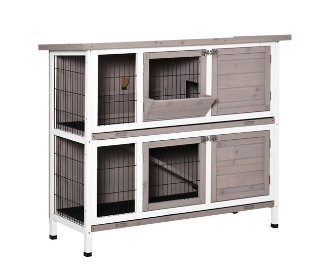 Conforama PawHut Conejera de Madera Exterior de 2 Niveles Jaula para 1-2 Conejos con Techo Abrible Comedero Bandejas Extraíbles Rampa y Puertas con Cerradura 122x50x101 cm Marrón