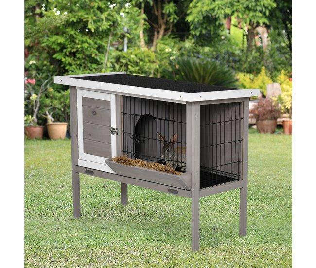 Conforama PawHut Conejera De Madera Exterior Jaula Elevada Para Conejos Cobayas Animales Pequeños Con Techo Asfáltico Abatible Comedero Bandejas Extraíbles Y 2 Puertas 91x46x71 Cm Gris