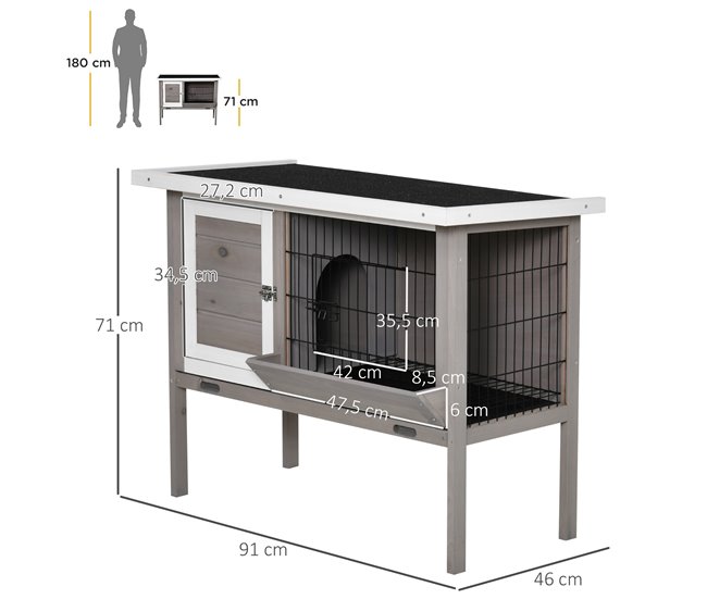 Conforama PawHut Conejera De Madera Exterior Jaula Elevada Para Conejos Cobayas Animales Pequeños Con Techo Asfáltico Abatible Comedero Bandejas Extraíbles Y 2 Puertas 91x46x71 Cm Gris