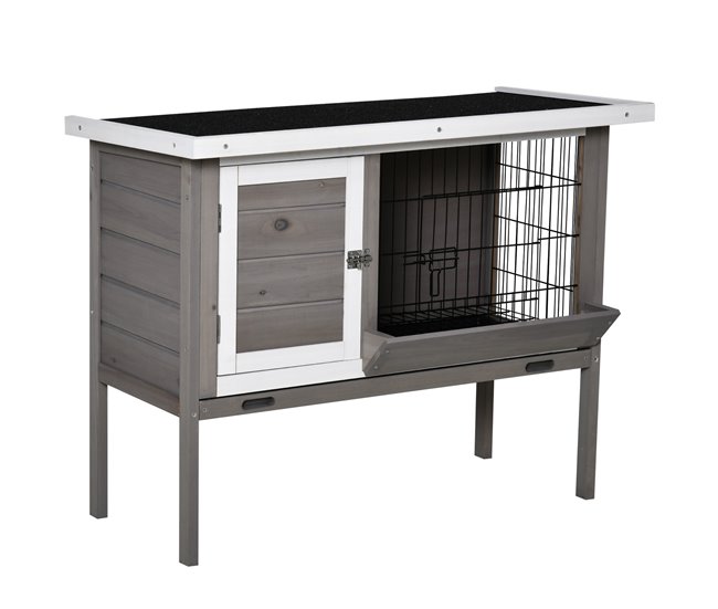 Conforama PawHut Conejera de Madera Exterior Jaula Elevada para Conejos Cobayas Animales Pequeños con Techo Asfáltico Abatible Comedero Bandejas Extraíbles y 2 Puertas 91x46x71 cm Gris