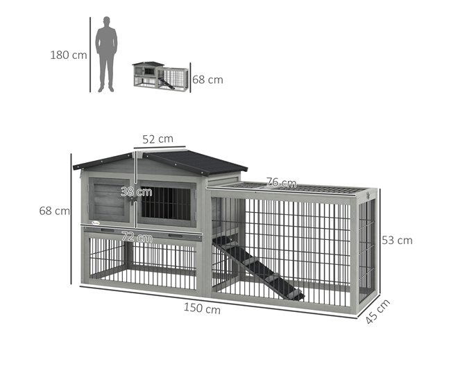 Conforama PawHut Conejera Exterior De Madera 150x52x68 Cm Jaula Para 1-2 Conejos Grande Con Techo Asfáltico Abatible Bandeja Extraíble Y Rampa Gris