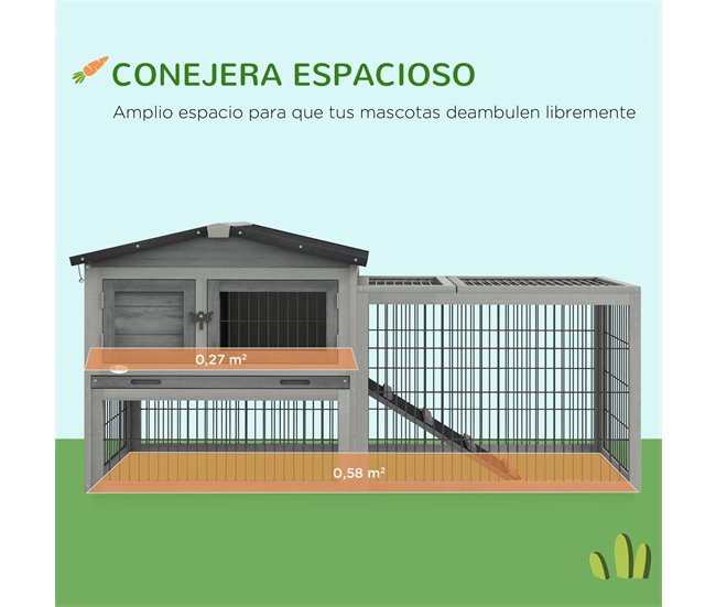 Conforama PawHut Conejera Exterior De Madera 150x52x68 Cm Jaula Para 1-2 Conejos Grande Con Techo Asfáltico Abatible Bandeja Extraíble Y Rampa Gris