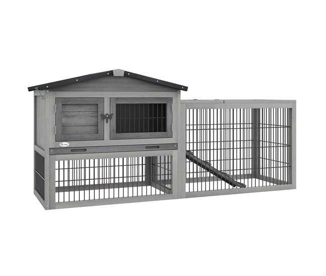 Conforama PawHut Conejera Exterior de Madera 150x52x68 cm Jaula para 1-2 Conejos Grande con Techo Asfáltico Abatible Bandeja Extraíble y Rampa Gris