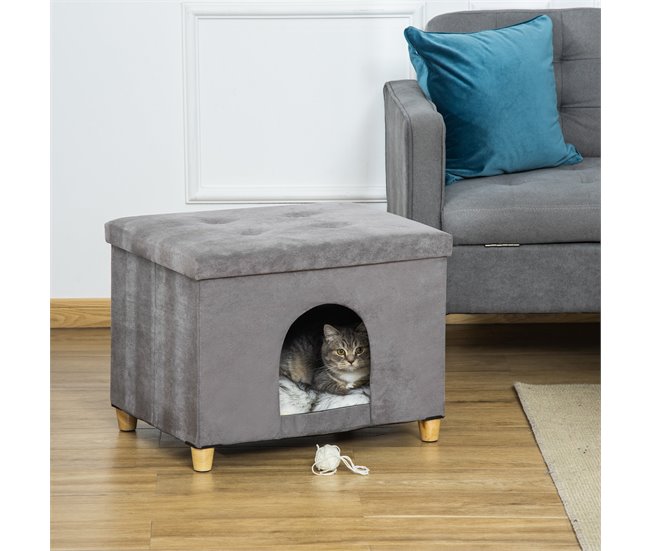 Conforama PawHut Cueva Para Gatos 2 En 1 Taburete Reposapiés Con Tapa Extraíble Orificio De Entrada Cojín Lavable Y Patas Elevadas De Madera Para Interior 60x45x44 5 Cm Gris