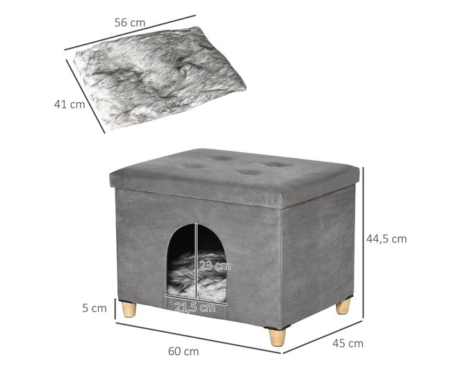 Conforama PawHut Cueva Para Gatos 2 En 1 Taburete Reposapiés Con Tapa Extraíble Orificio De Entrada Cojín Lavable Y Patas Elevadas De Madera Para Interior 60x45x44 5 Cm Gris