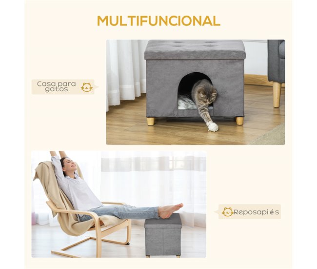 Conforama PawHut Cueva Para Gatos 2 En 1 Taburete Reposapiés Con Tapa Extraíble Orificio De Entrada Cojín Lavable Y Patas Elevadas De Madera Para Interior 60x45x44 5 Cm Gris