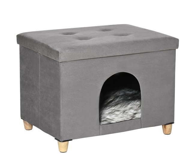 Conforama PawHut Cueva para Gatos 2 en 1 Taburete Reposapiés con Tapa Extraíble Orificio de Entrada Cojín Lavable y Patas Elevadas de Madera para Interior 60x45x44 5 cm Gris