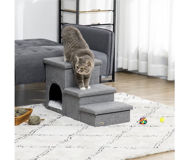 Conforama PawHut Escalera Para Perros Escalera Rampa Para Mascotas De 3 Peldaños Con Tapas 3 Cajas De Almacenamiento Cueva Y Cojín Lavable Para Cama Sofá 73 5x33x40 5 Cm Gris