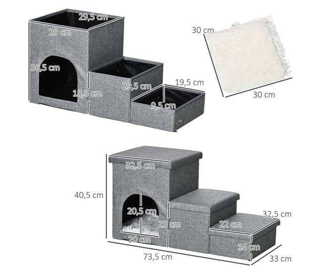 Conforama PawHut Escalera Para Perros Escalera Rampa Para Mascotas De 3 Peldaños Con Tapas 3 Cajas De Almacenamiento Cueva Y Cojín Lavable Para Cama Sofá 73 5x33x40 5 Cm Gris