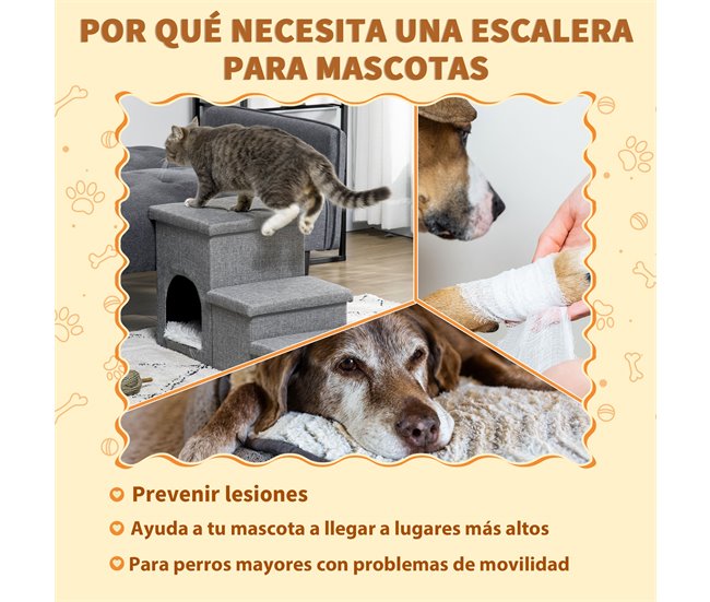 Conforama PawHut Escalera Para Perros Escalera Rampa Para Mascotas De 3 Peldaños Con Tapas 3 Cajas De Almacenamiento Cueva Y Cojín Lavable Para Cama Sofá 73 5x33x40 5 Cm Gris