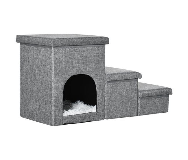 Conforama PawHut Escalera para Perros Escalera Rampa para Mascotas de 3 Peldaños con Tapas 3 Cajas de Almacenamiento Cueva y Cojín Lavable para Cama Sofá 73 5x33x40 5 cm Gris