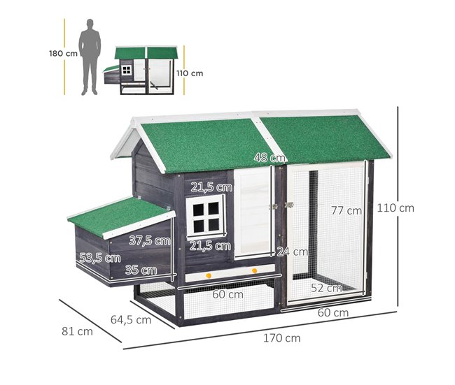 Conforama PawHut Gallinero De Madera Exterior Jaula Cercada Para Gallinas Con Caja Nido Corral De Metal Techo Asfáltico Bandeja Extraíble Ventana Y Rampa 170x81x110 Cm Gris