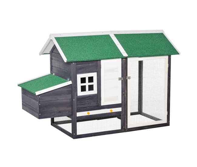 Conforama PawHut Gallinero de Madera Exterior Jaula Cercada para Gallinas con Caja Nido Corral de Metal Techo Asfáltico Bandeja Extraíble Ventana y Rampa 170x81x110 cm Gris