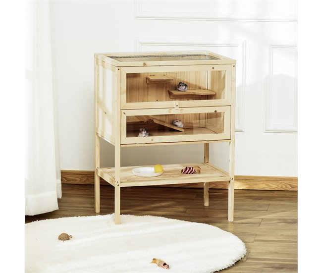 Conforama PawHut Jaula De Madera Para Hámster Ratones Casa De Juegos Con 5 Plataformas Rampa Techo Abatible Ventana Cristal Plástico Y Estante Inferior 60x40x80 Cm Natural