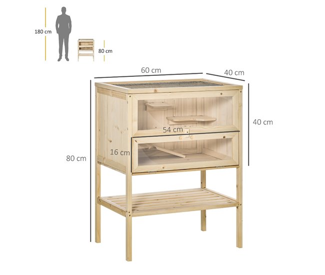 Conforama PawHut Jaula De Madera Para Hámster Ratones Casa De Juegos Con 5 Plataformas Rampa Techo Abatible Ventana Cristal Plástico Y Estante Inferior 60x40x80 Cm Natural
