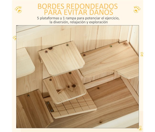 Conforama PawHut Jaula De Madera Para Hámster Ratones Casa De Juegos Con 5 Plataformas Rampa Techo Abatible Ventana Cristal Plástico Y Estante Inferior 60x40x80 Cm Natural