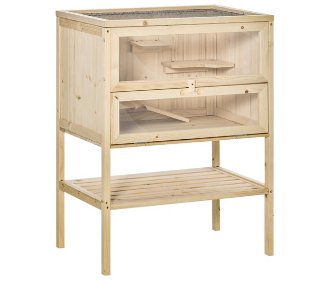 Conforama PawHut Jaula de Madera para Hámster Ratones Casa de Juegos con 5 Plataformas Rampa Techo Abatible Ventana Cristal Plástico y Estante Inferior 60x40x80 cm Natural