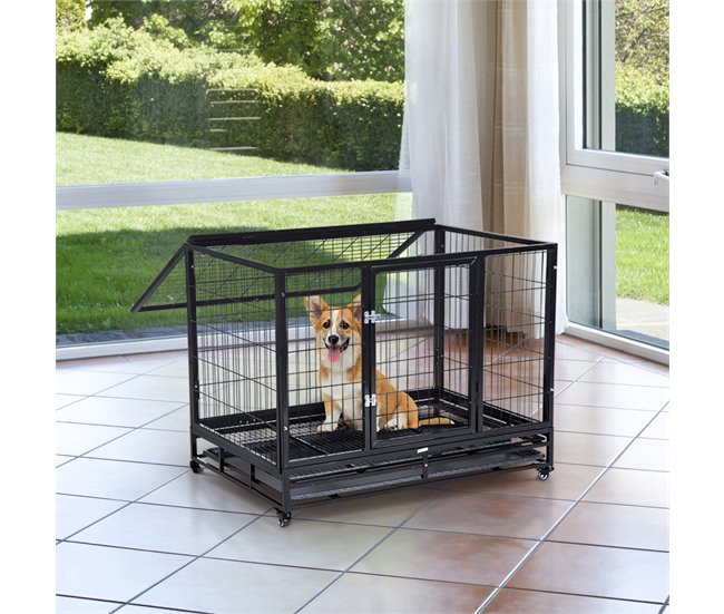 Conforama PawHut Jaula De Metal Para Perros Con Ruedas Y Frenos Bandeja Extraíble Y Puerta Con Pestillo Para Golden Retriver Labrador 92x62x75 Cm Negro