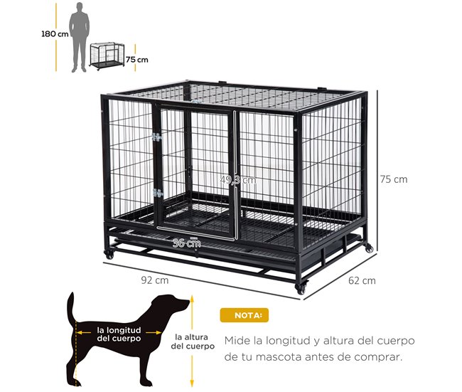 Conforama PawHut Jaula De Metal Para Perros Con Ruedas Y Frenos Bandeja Extraíble Y Puerta Con Pestillo Para Golden Retriver Labrador 92x62x75 Cm Negro