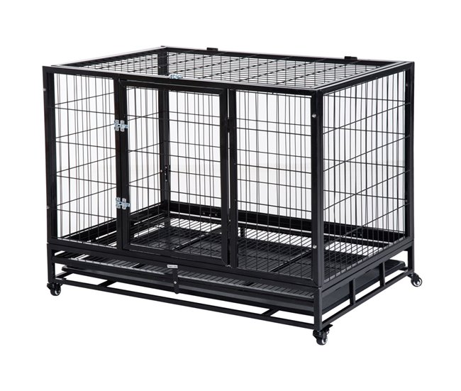 Conforama PawHut Jaula de Metal para Perros con Ruedas y Frenos Bandeja Extraíble y Puerta con Pestillo para Golden Retriver Labrador 92x62x75 cm Negro