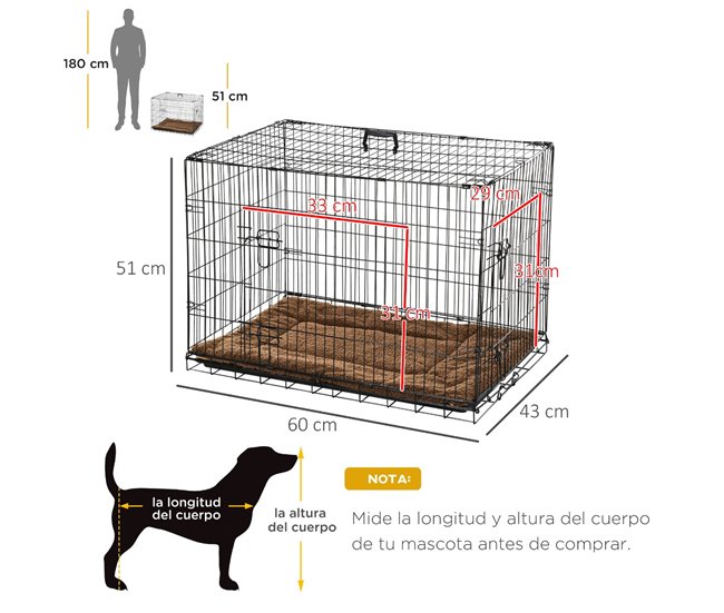 Conforama PawHut Jaula De Metal Para Perros Plegable 60x43x49 5 Cm Con 2 Puertas Con Pestillos Bandeja Extraíble Cojín Suave Y Asa Portátil Para Transporte Viaje Negro