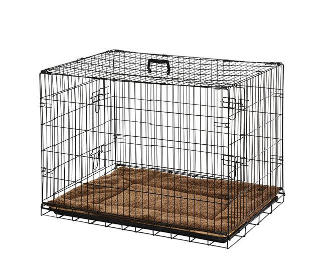 Conforama PawHut Jaula de Metal para Perros Plegable 60x43x49 5 cm con 2 Puertas con Pestillos Bandeja Extraíble Cojín Suave y Asa Portátil para transporte Viaje Negro