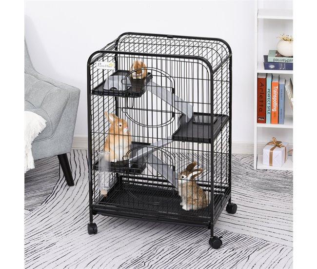 Conforama PawHut Jaula Para Animales Pequeños Jaula Para Roedores Con Ruedas Rampa Cuenco Botella De Agua Y Bandeja Extraíble Recinto Para Conejos Chinchillas Hurones 61 5x44x95 Cm Negro