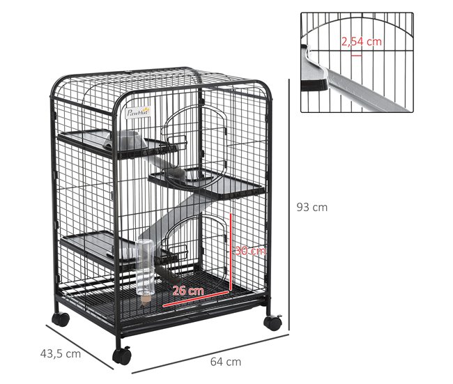 Conforama PawHut Jaula Para Animales Pequeños Jaula Para Roedores Con Ruedas Rampa Cuenco Botella De Agua Y Bandeja Extraíble Recinto Para Conejos Chinchillas Hurones 61 5x44x95 Cm Negro