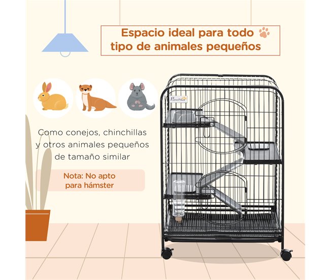 Conforama PawHut Jaula Para Animales Pequeños Jaula Para Roedores Con Ruedas Rampa Cuenco Botella De Agua Y Bandeja Extraíble Recinto Para Conejos Chinchillas Hurones 61 5x44x95 Cm Negro